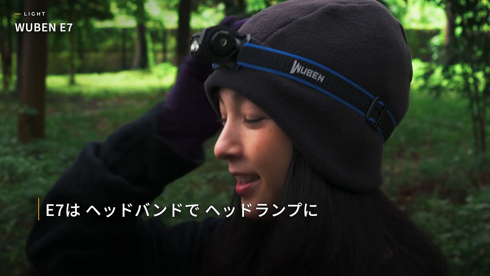 Wearing the WUBEN E7 as a headlamp with its headband