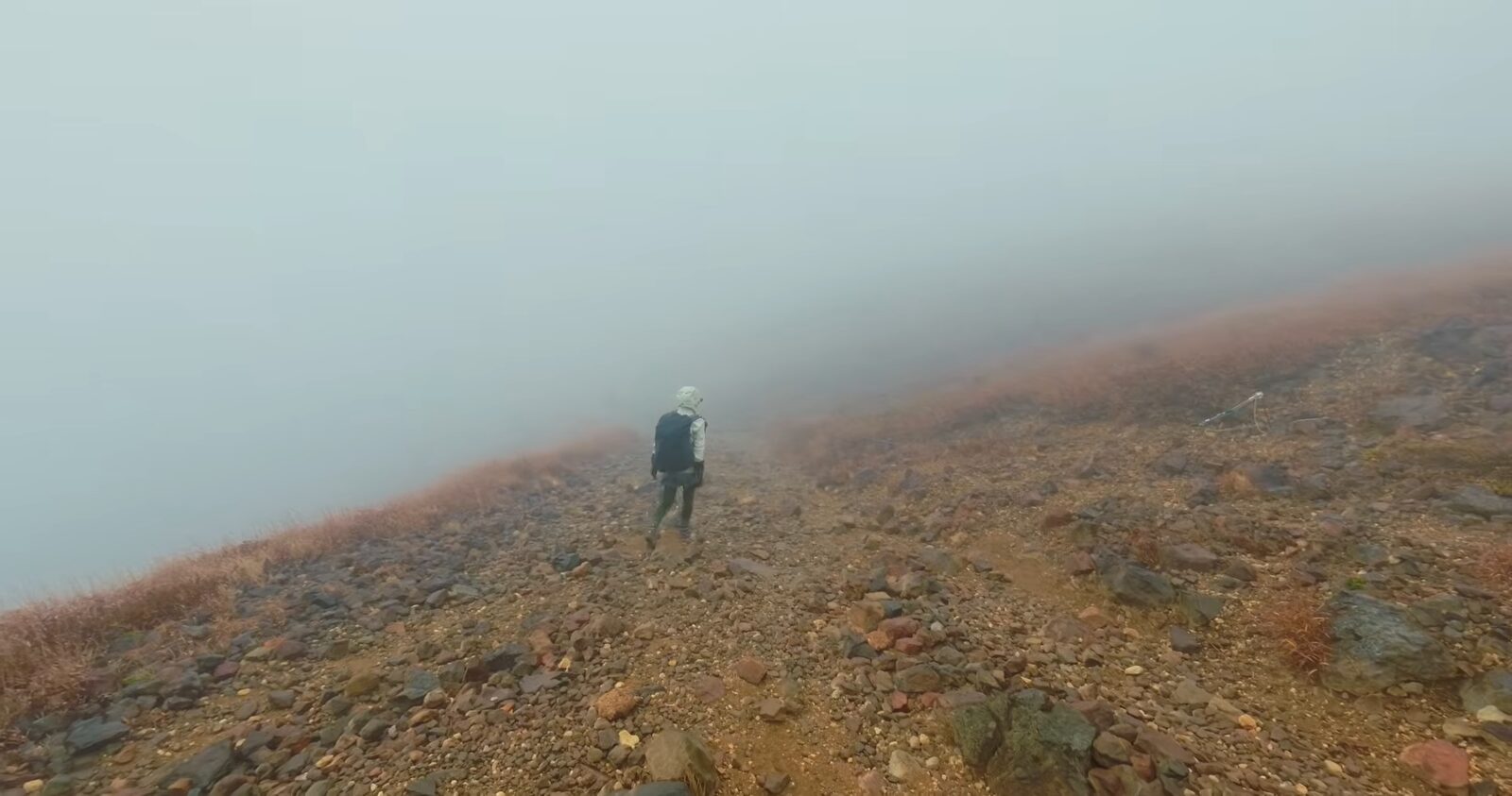 濃い霧の中を下山する登山者の後ろ姿